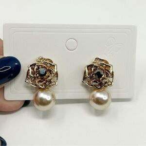 Textured Bronze Floral Stud Earrings with Faux Pearl Drop Classic Elegant